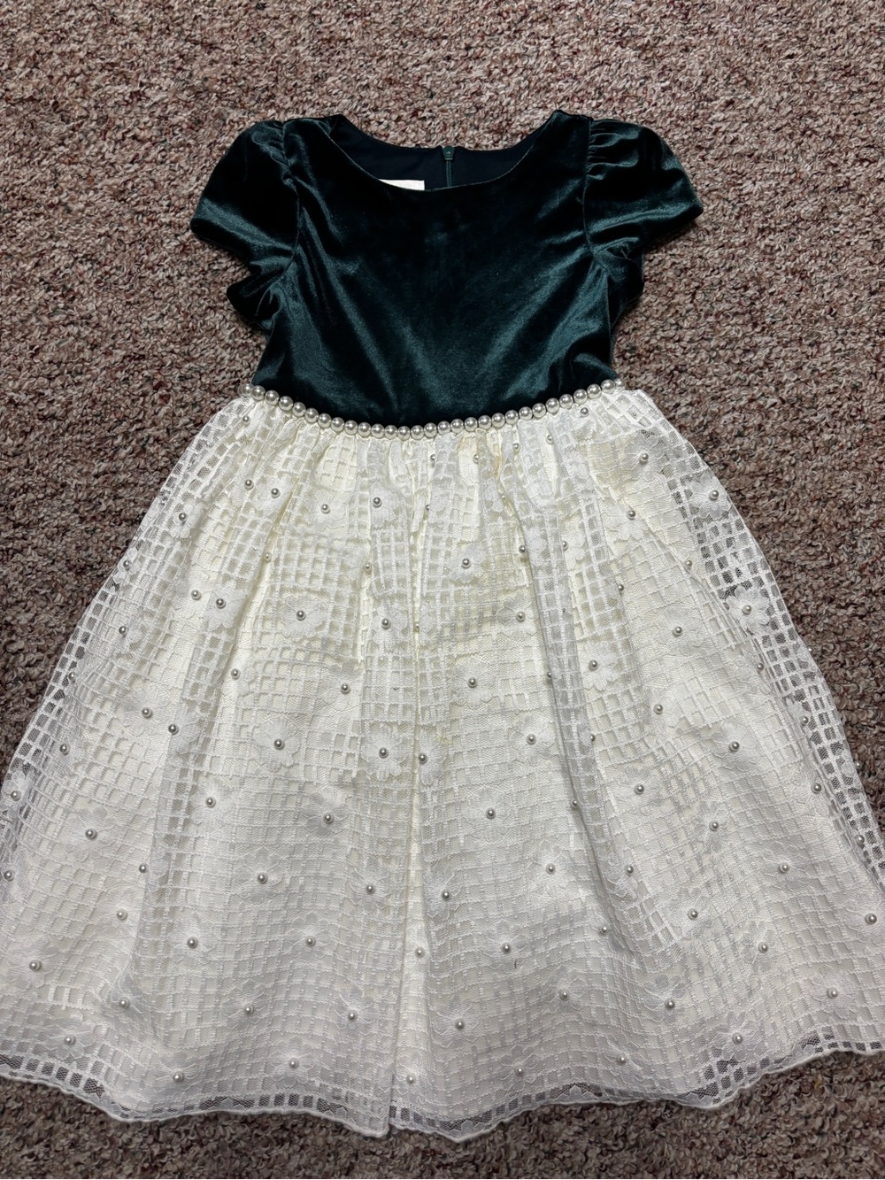 Girls Black Velvet Top with Ivory Pearl-Embellished Skirt Dress